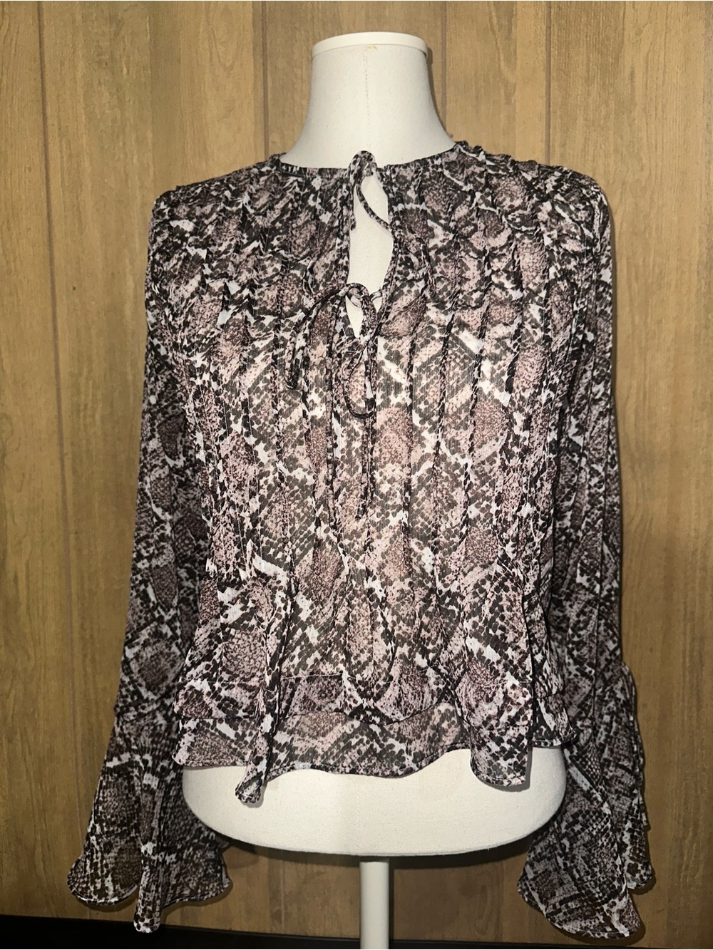 LOFT Pink and Black Snake-Print Tie-Neck Blouse